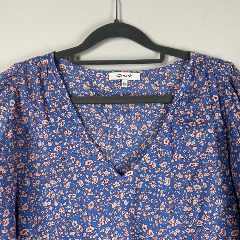 Madewell Floral Summer Vines Hermitage Blue Puff Sleeve VNeck Blouse Top Size XL - Picture 3 of 9